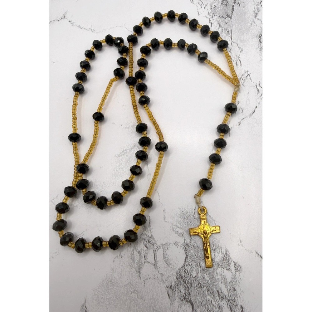 Black Faceted Glass Rosary Necklace Gold Tone Cross 22" + Drop